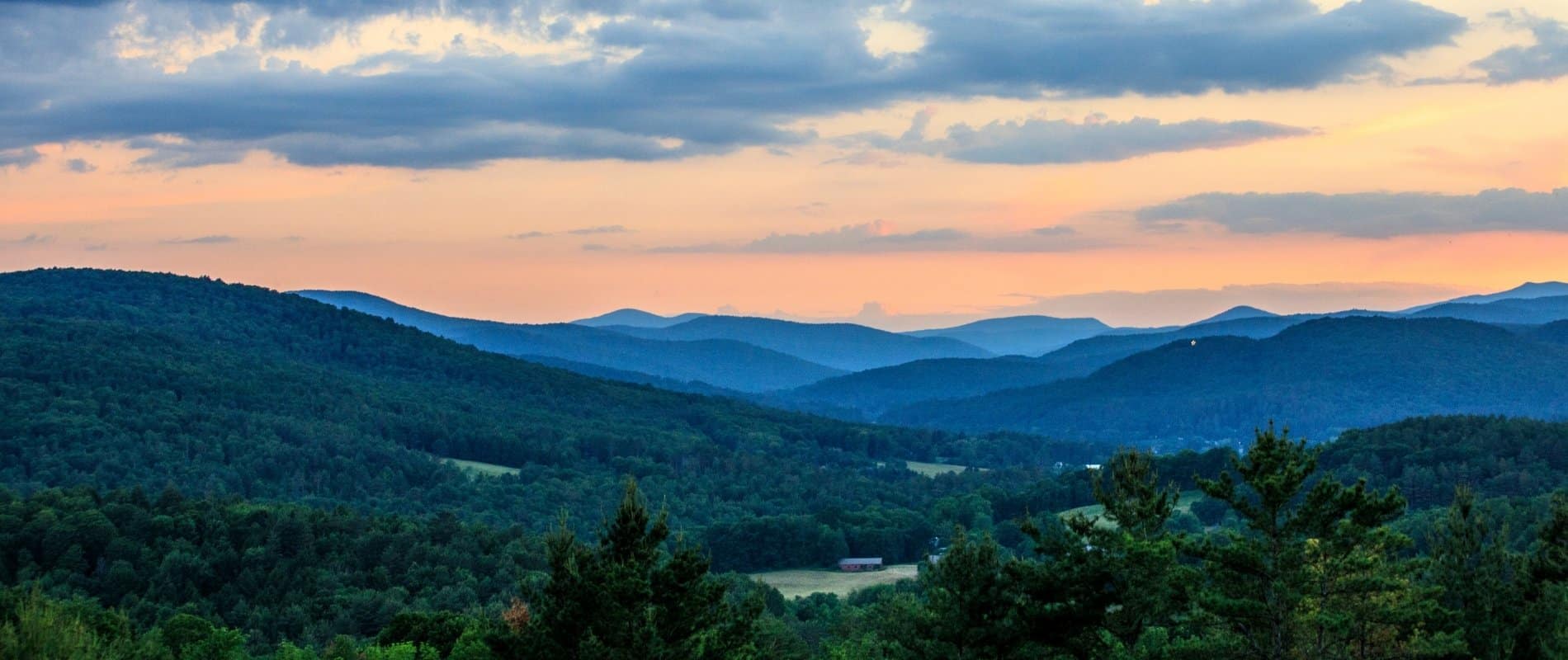 Panoramic view of the Vermont Green Mountains at sunset in summer