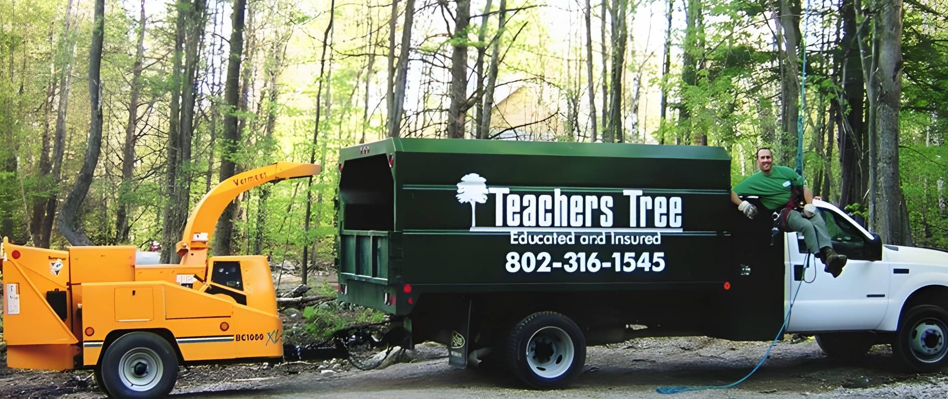 Teachers Tree Service arborist sitting on a branded truck alongside a wood chipper in a Vermont forest