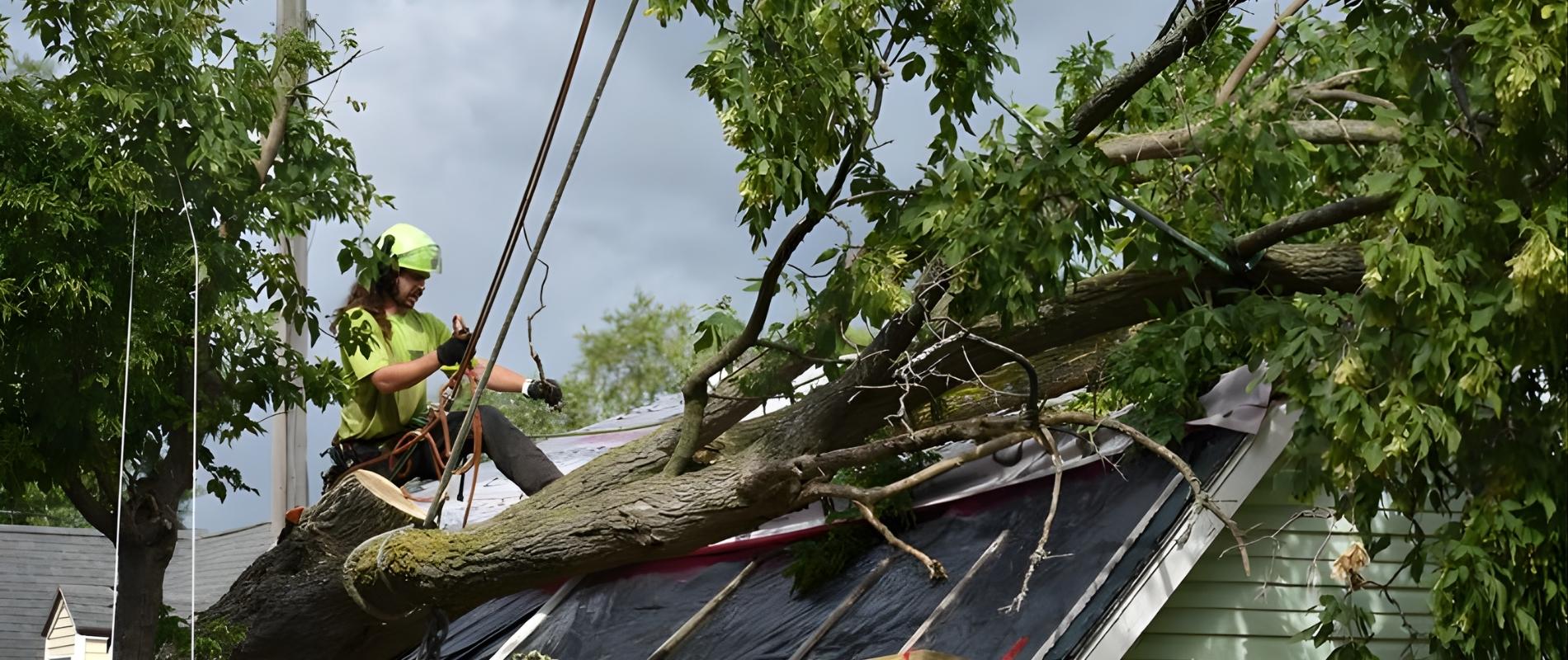Teachers Tree Service arborist removing a storm-damaged tree from a residential rooftop