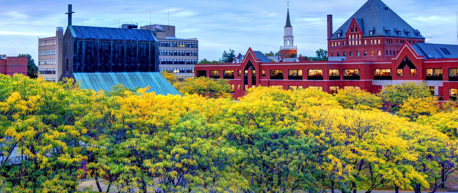 Mature trees in fall color near University of Vermont campus buildings in Burlington, VT