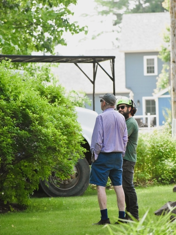 Teachers Tree Service arborist consulting with a homeowner during a tree assessment