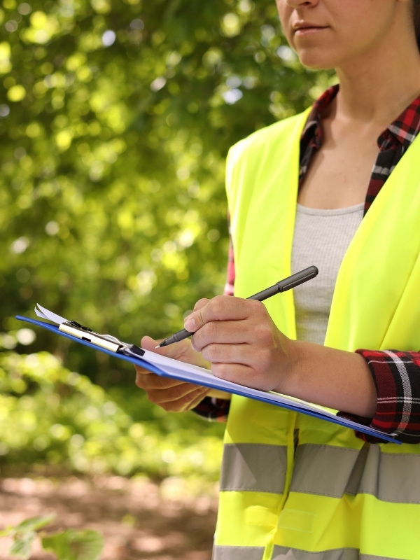 Arborist in a high-visibility vest taking notes on a clipboard during a site consultation