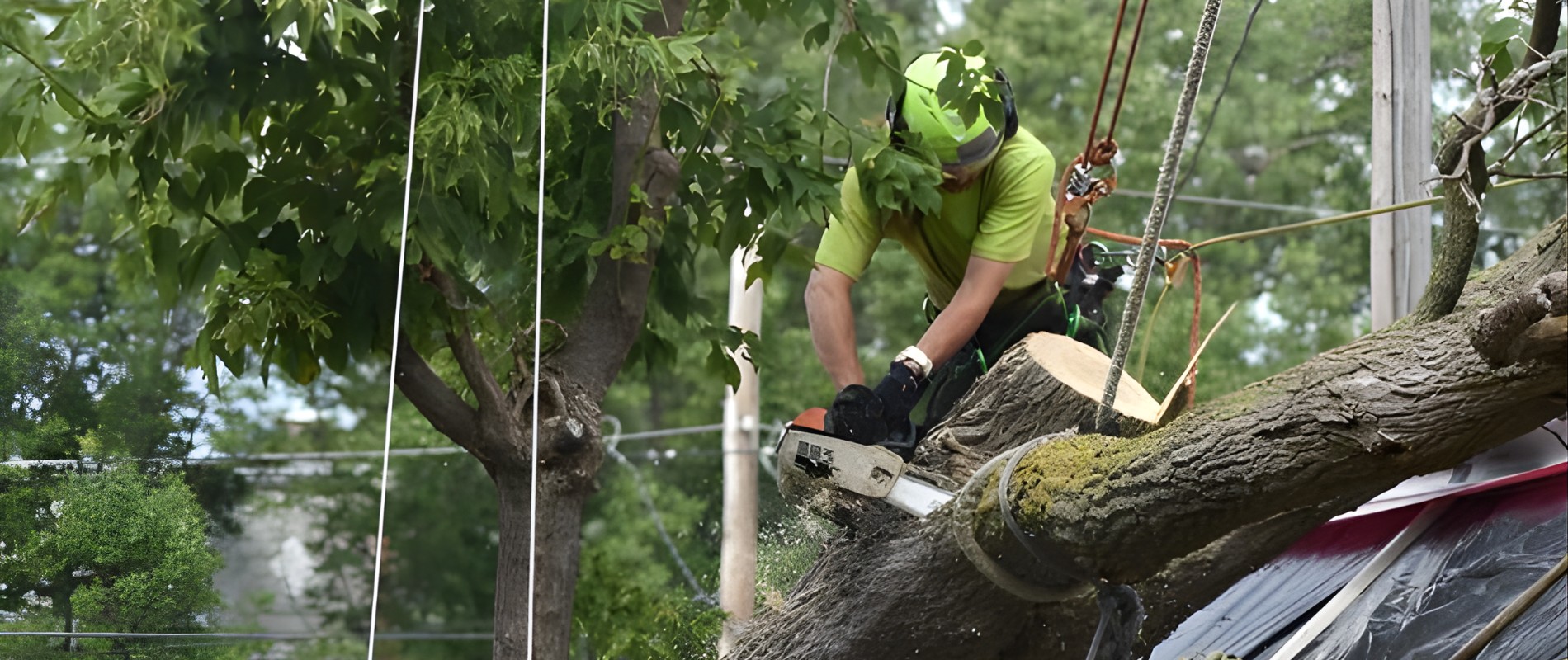 Teachers Tree Service arborist using a chainsaw to cut up a large fallen tree during emergency removal