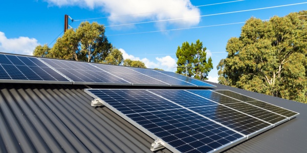 Solar panels installed on a metal roof with mature trees in the background