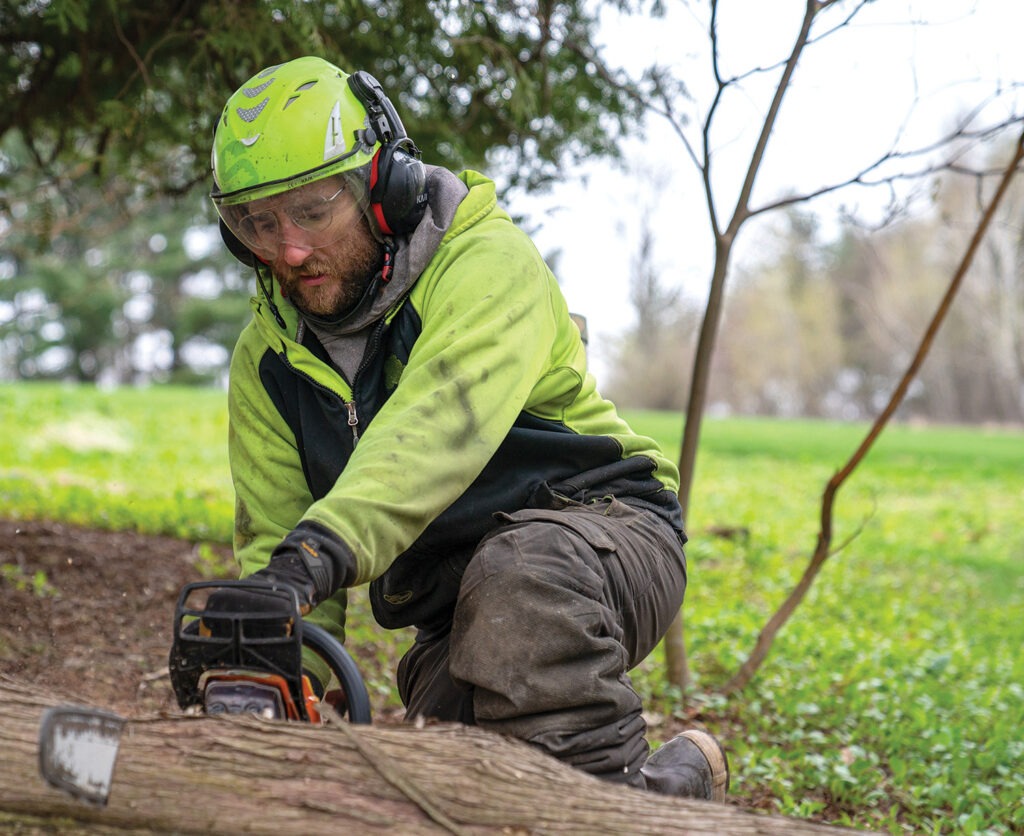 Teacher's tree service arborist with a chainsaw cutting a log into half